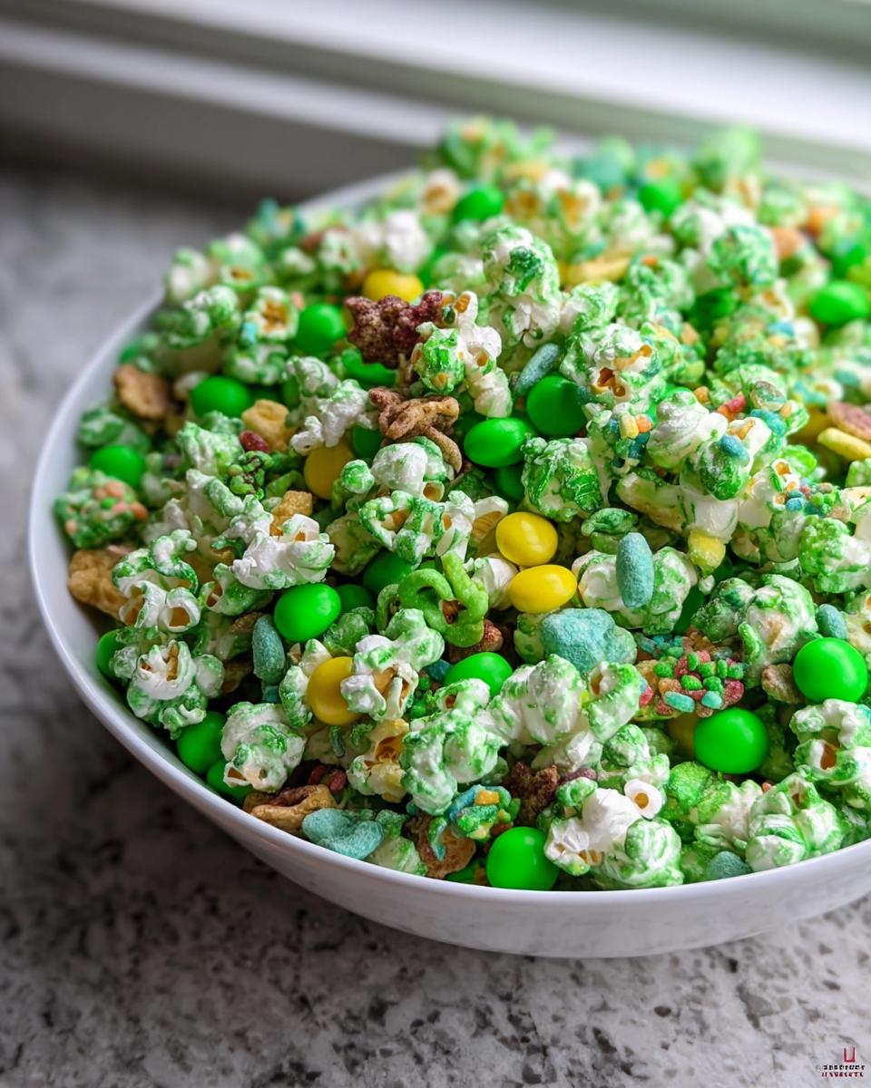 A white bowl filled with vibrant Classic Leprechaun Popcorn, coated in green, mixed with green and yellow candies and cereal pieces.