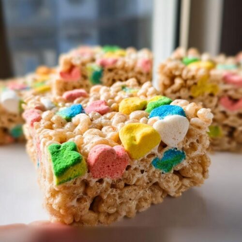 A close-up, tasty shot of a square of Classic Lucky Charms Rice Krispie Treats topped with colorful marshmallows.