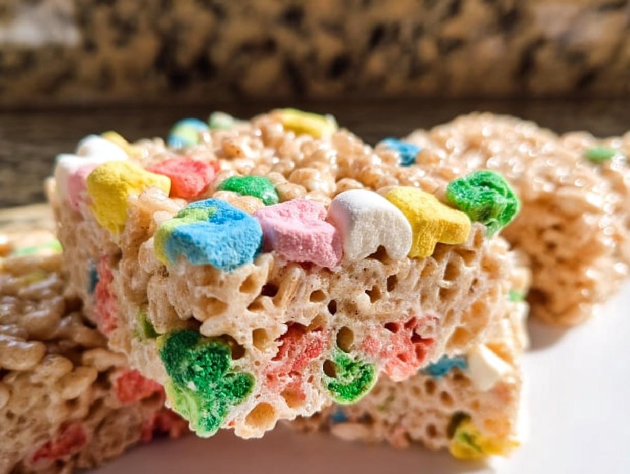 Cross-section view of a gooey Classic Lucky Charms Rice Krispie Treats bar studded with colorful marshmallows.