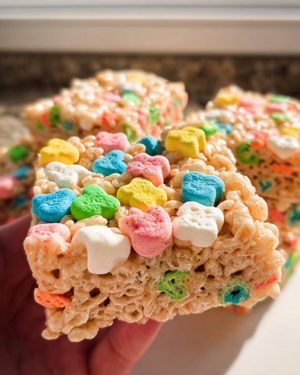 A hand holding a thick square of Classic Lucky Charms Rice Krispie Treats topped with colorful marshmallows.
