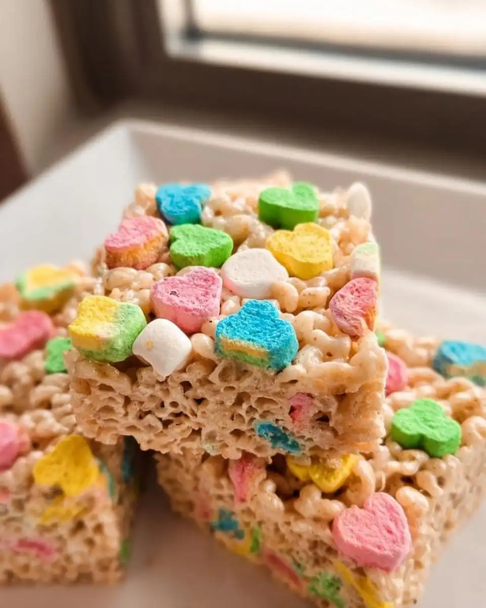 Close-up of stacked Classic Lucky Charms Rice Krispie Treats topped with colorful heart marshmallows.