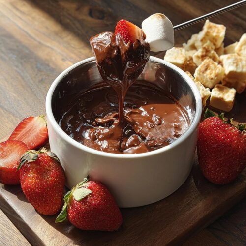 A strawberry and marshmallow are dipped into a bowl of Classic Melting Pot Chocolate Fondue, dripping rich chocolate.