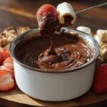 A strawberry and marshmallow are dipped into a bowl of rich Classic Melting Pot Chocolate Fondue.