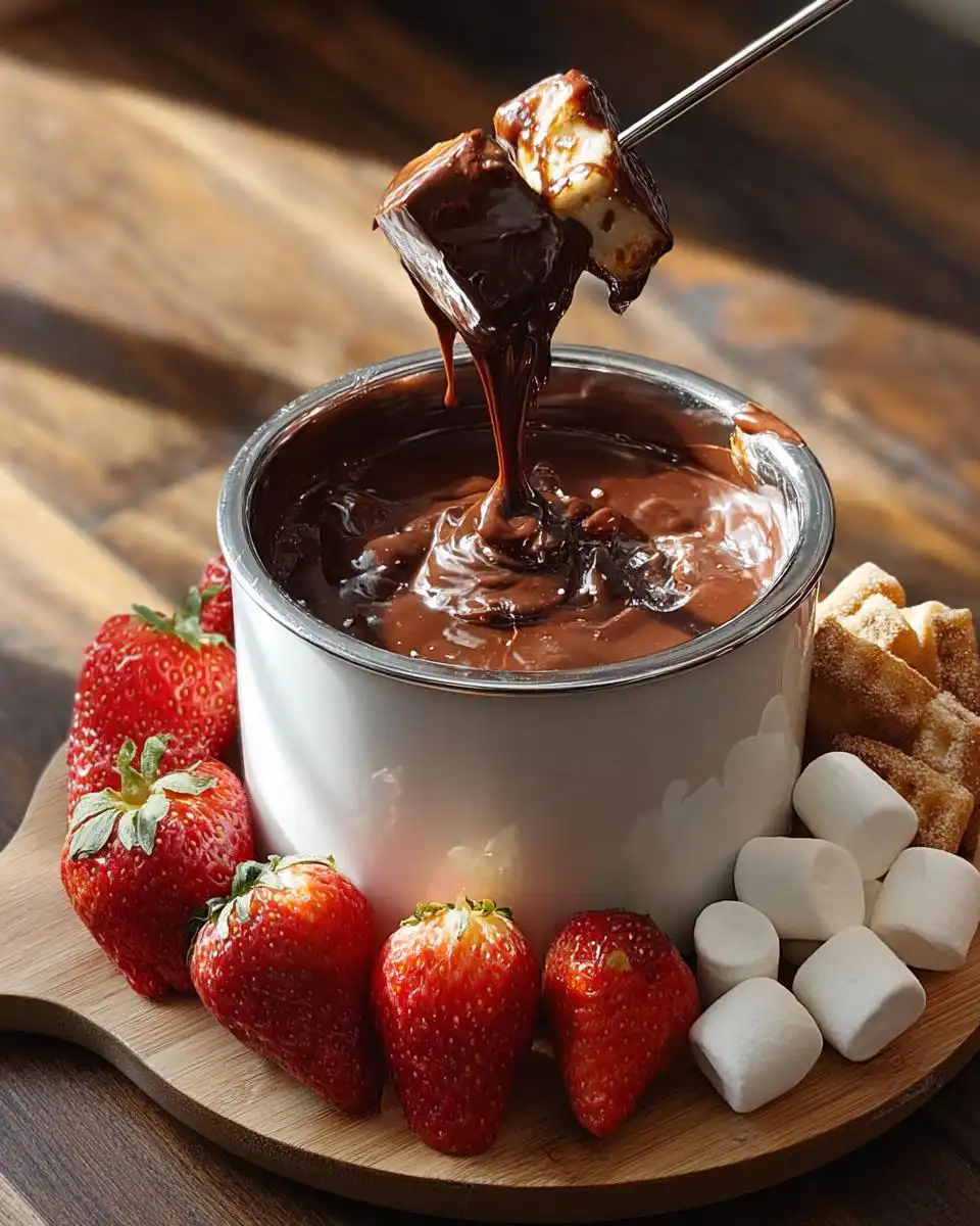 Marshmallows being dipped into a pot of Classic Melting Pot Chocolate Fondue, surrounded by strawberries.