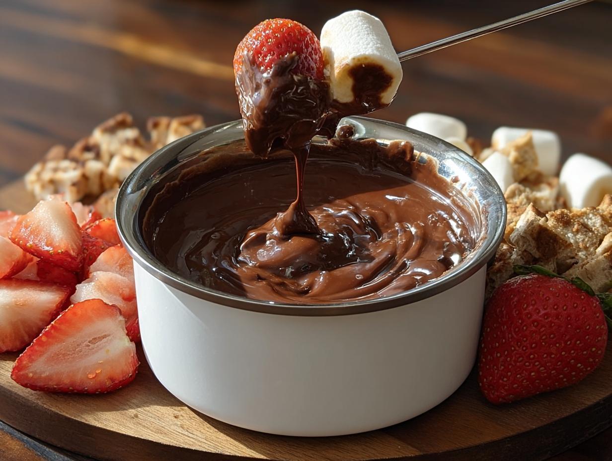 A strawberry and marshmallow are dipped into a bowl of rich Classic Melting Pot Chocolate Fondue.