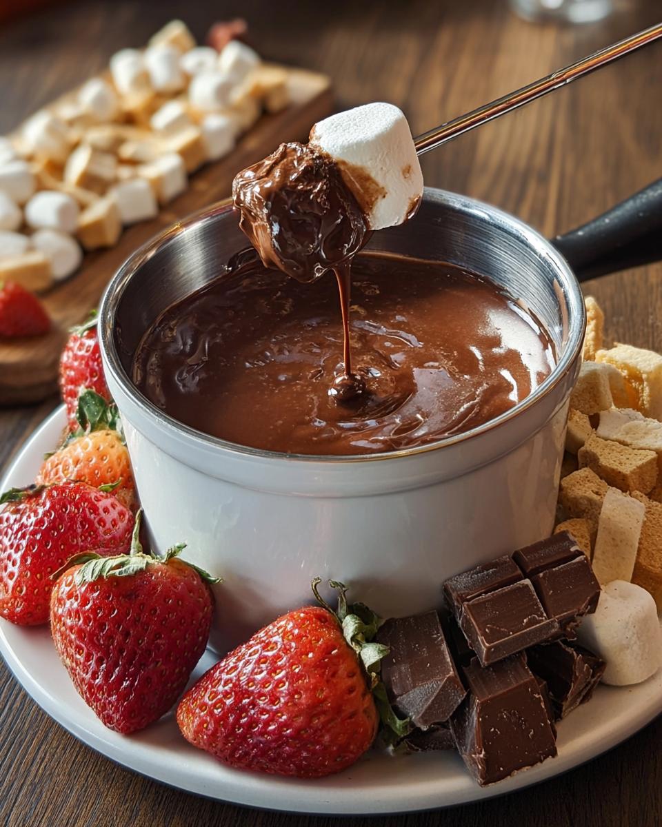 A marshmallow is dipped into a pot of Classic Melting Pot Chocolate Fondue, dripping rich chocolate onto the plate with strawberries.