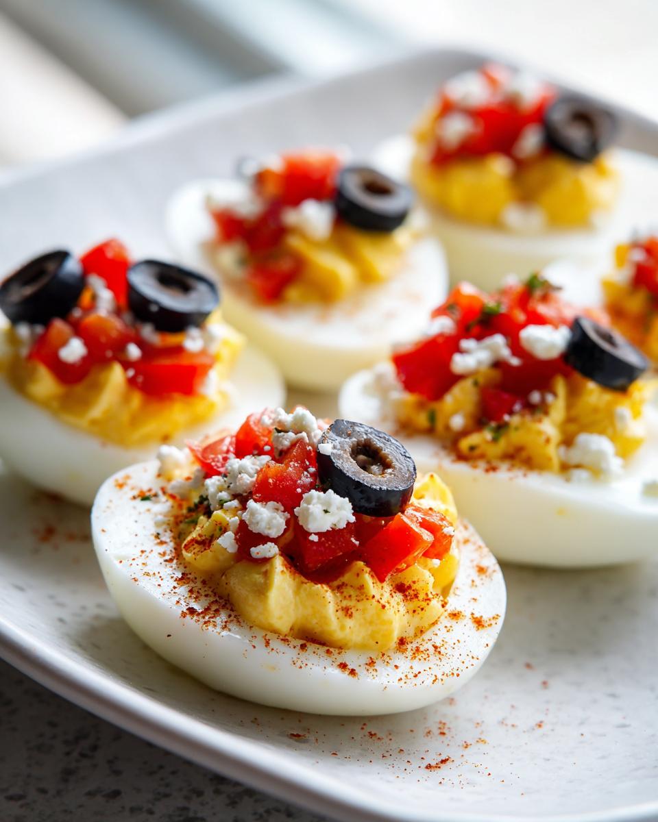 Close-up of Classic Million Dollar Deviled Eggs topped with diced tomatoes, feta, and black olives.