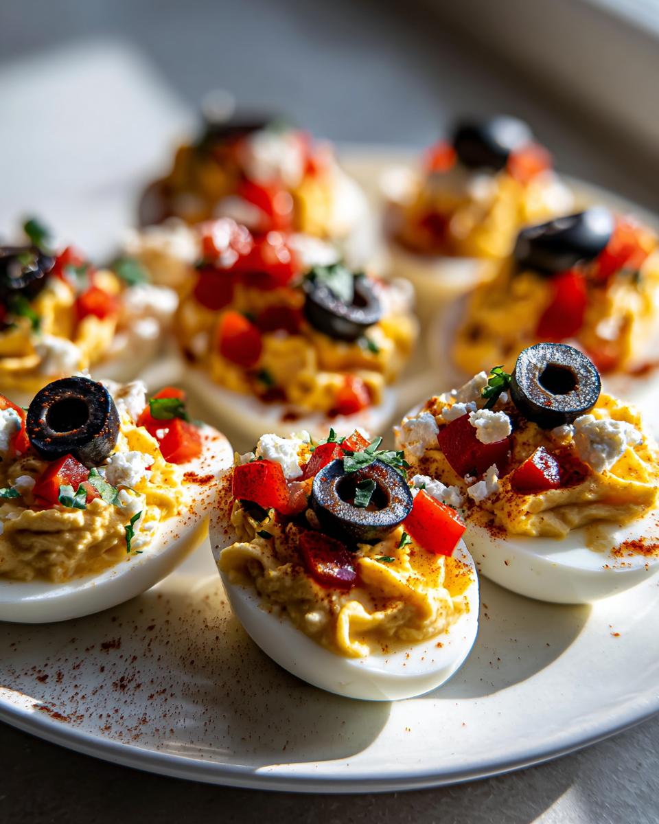 Close-up of Classic Million Dollar Deviled Eggs topped with black olives, feta, and red peppers.