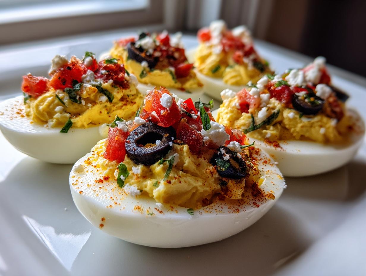 Four halves of Classic Million Dollar Deviled Eggs topped with tomatoes, olives, feta, and paprika.