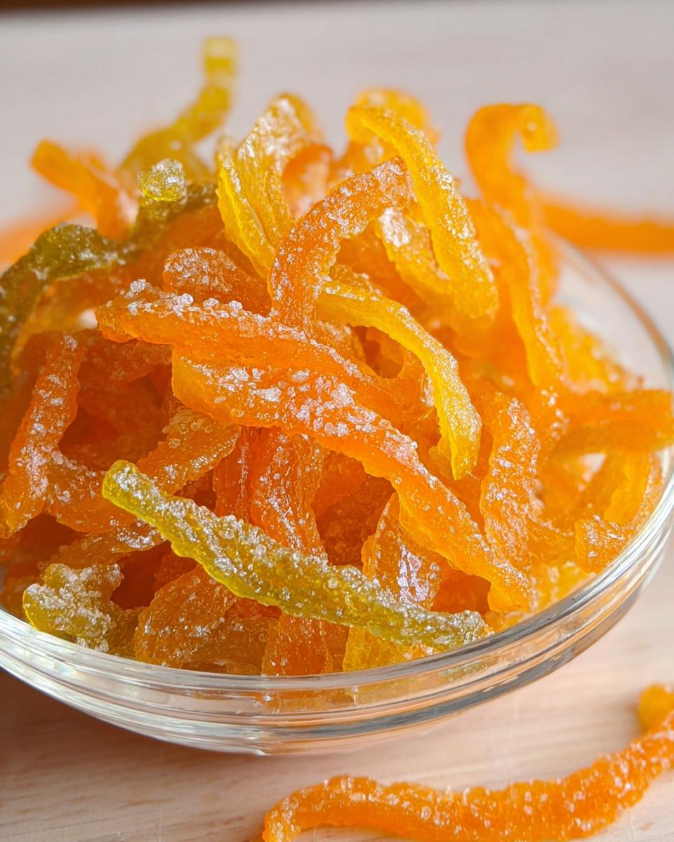 Close-up of a glass bowl filled with glistening, sugared strips of Classic Mixed Peel (Orange + Lemon).