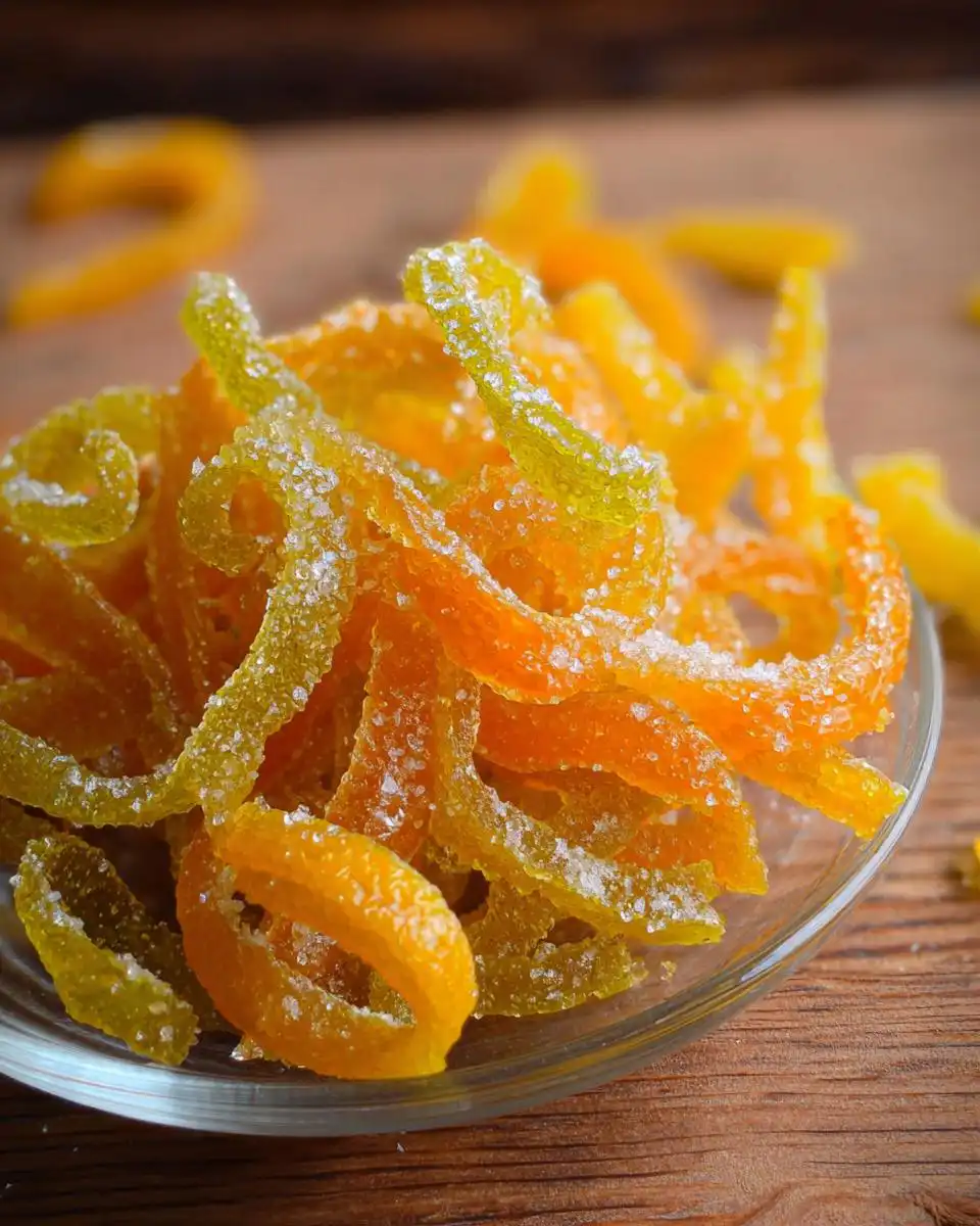 Close-up of glistening, candied strips of Classic Mixed Peel (Orange + Lemon) tossed in granulated sugar.