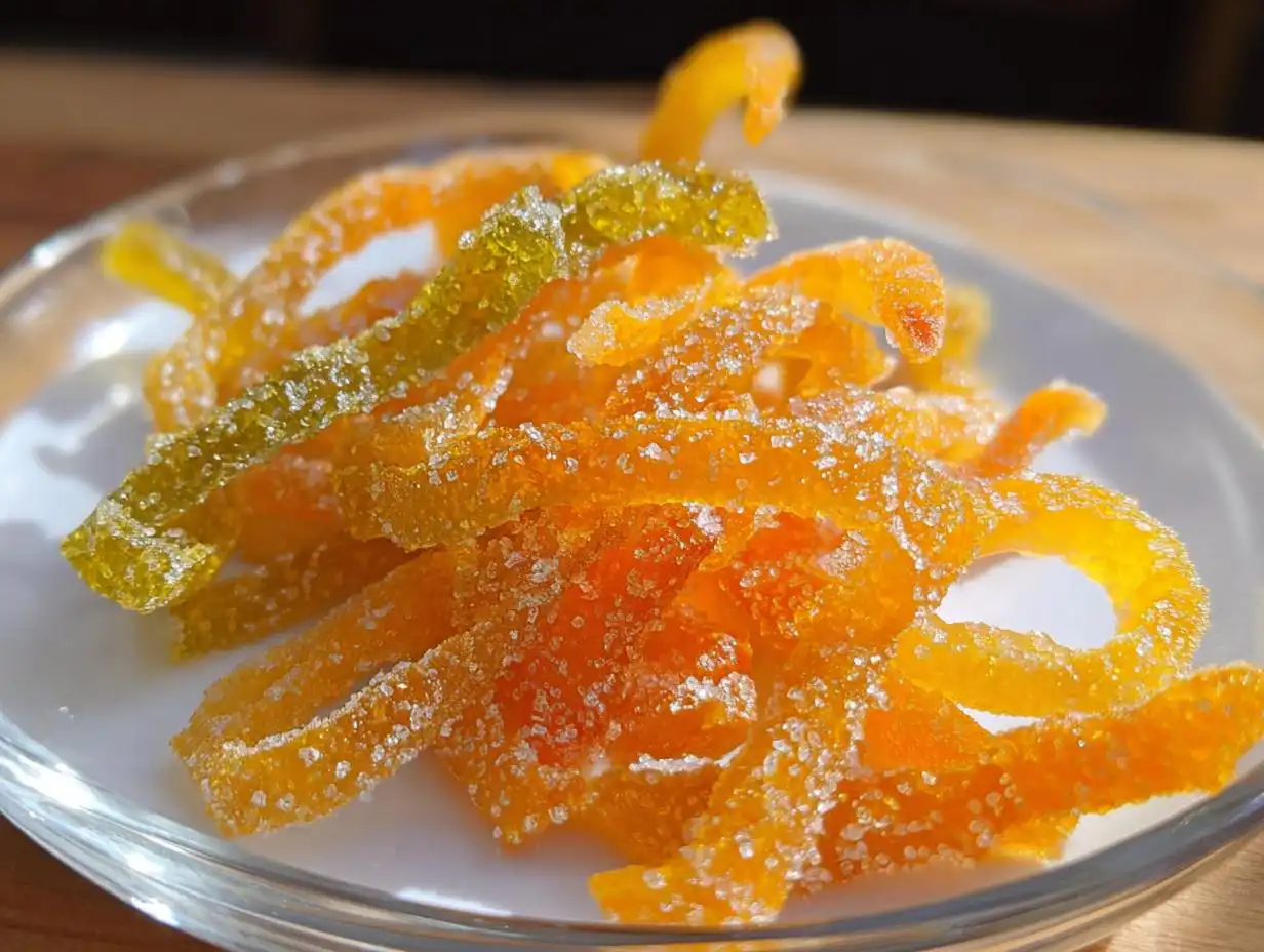 Close-up of candied orange and lemon strips coated in sparkling sugar, representing Classic Mixed Peel (Orange + Lemon).