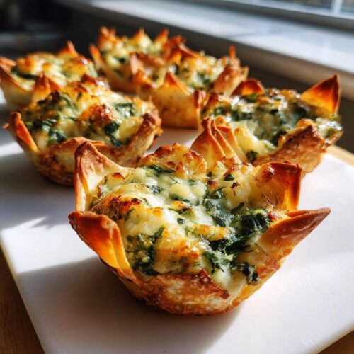 Close-up of baked Classic Spinach Artichoke Wonton Cups with melted, golden cheese topping.