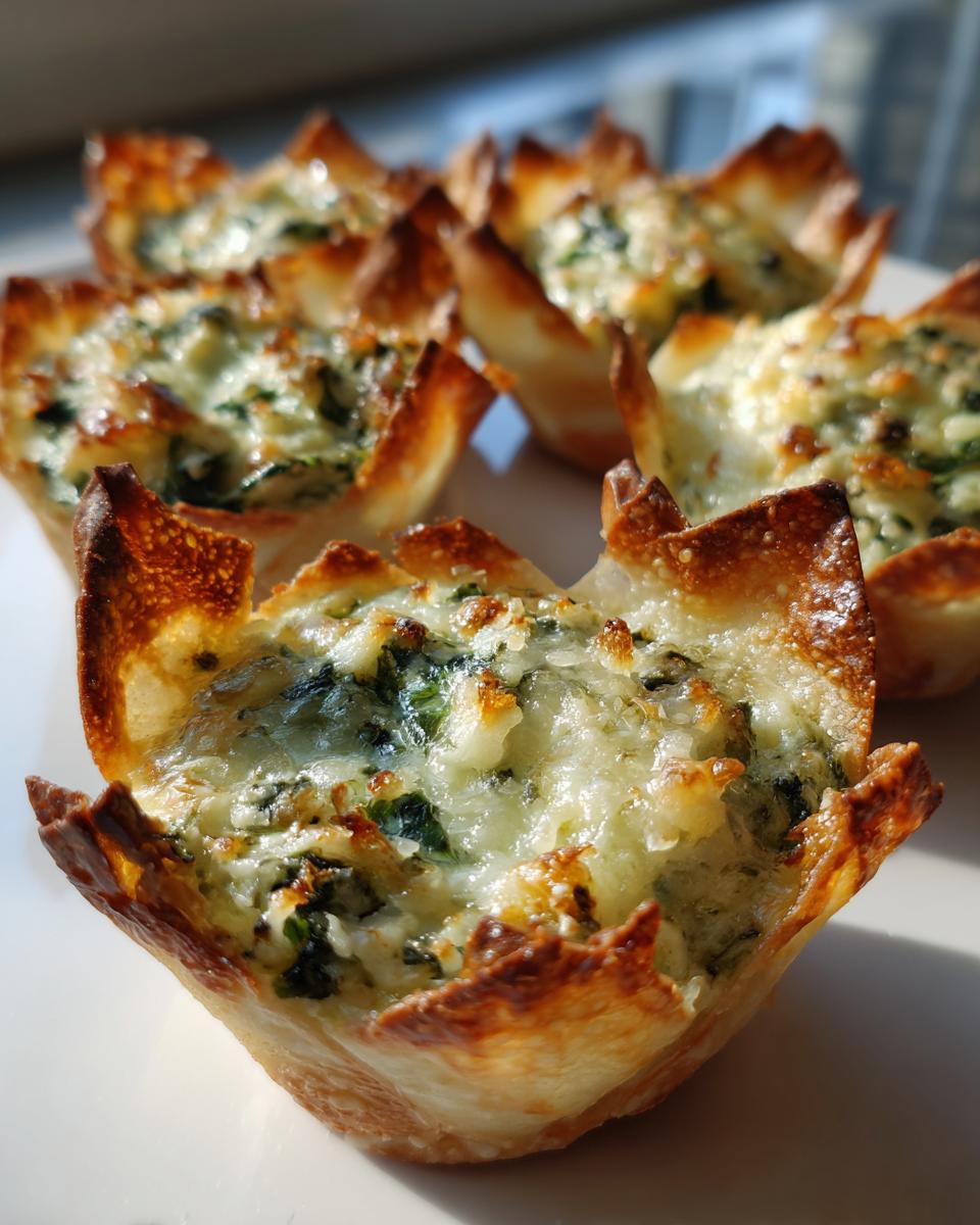Close-up of freshly baked Classic Spinach Artichoke Wonton Cups with melted cheese.