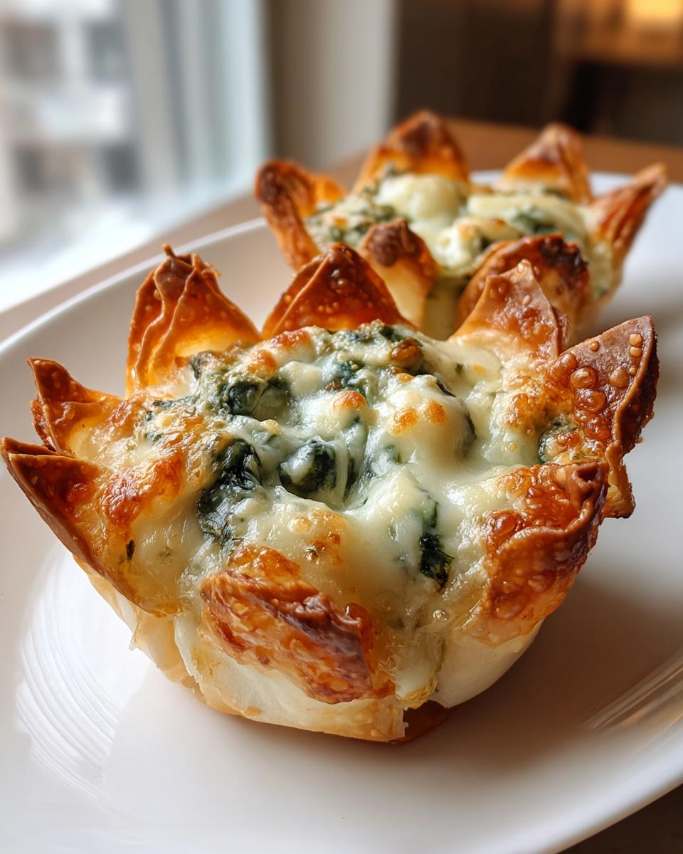 Close-up of two golden-brown Classic Spinach Artichoke Wonton Cups topped with melted, bubbly cheese.