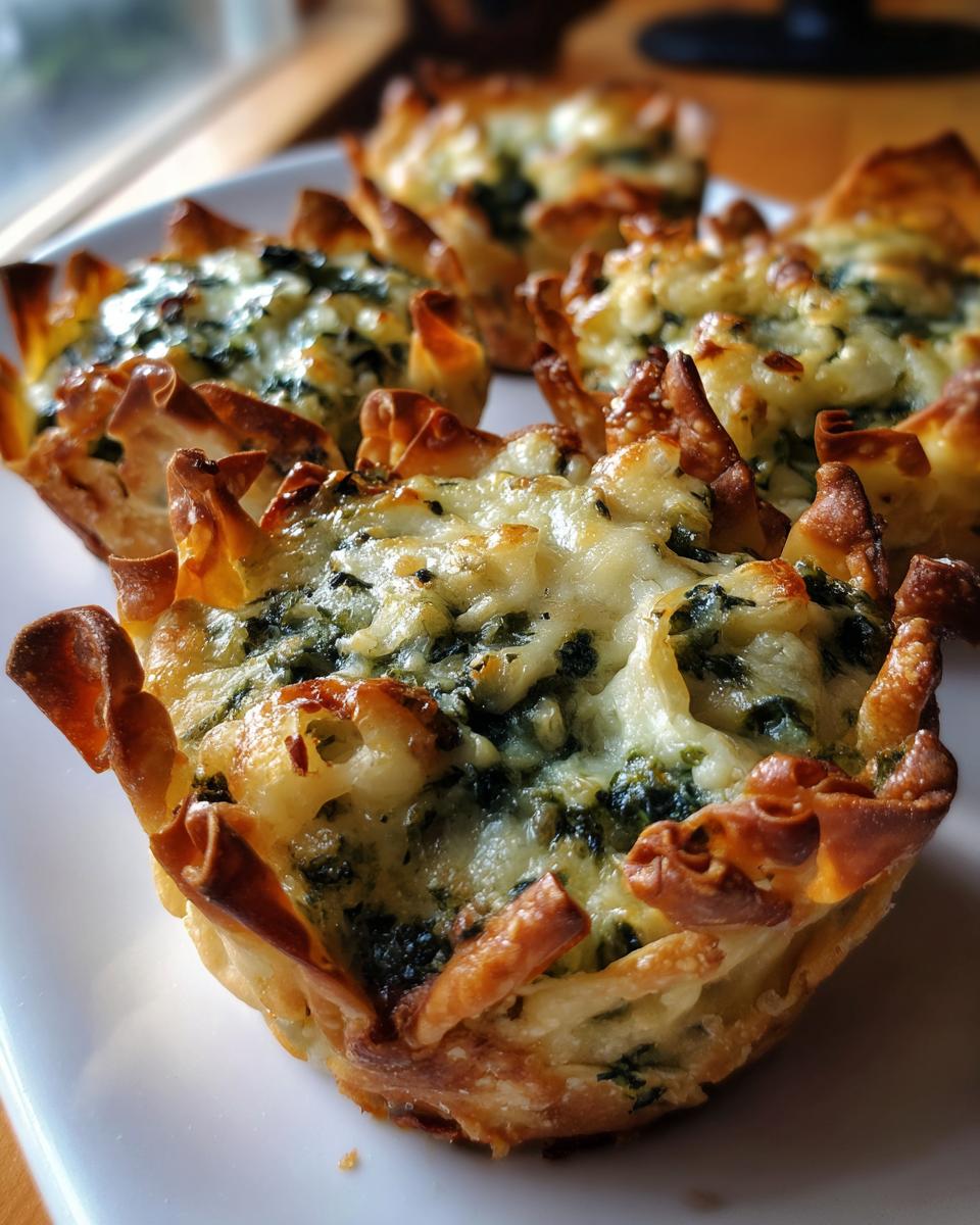Close-up of baked Classic Spinach Artichoke Wonton Cups with melted, bubbly cheese topping.