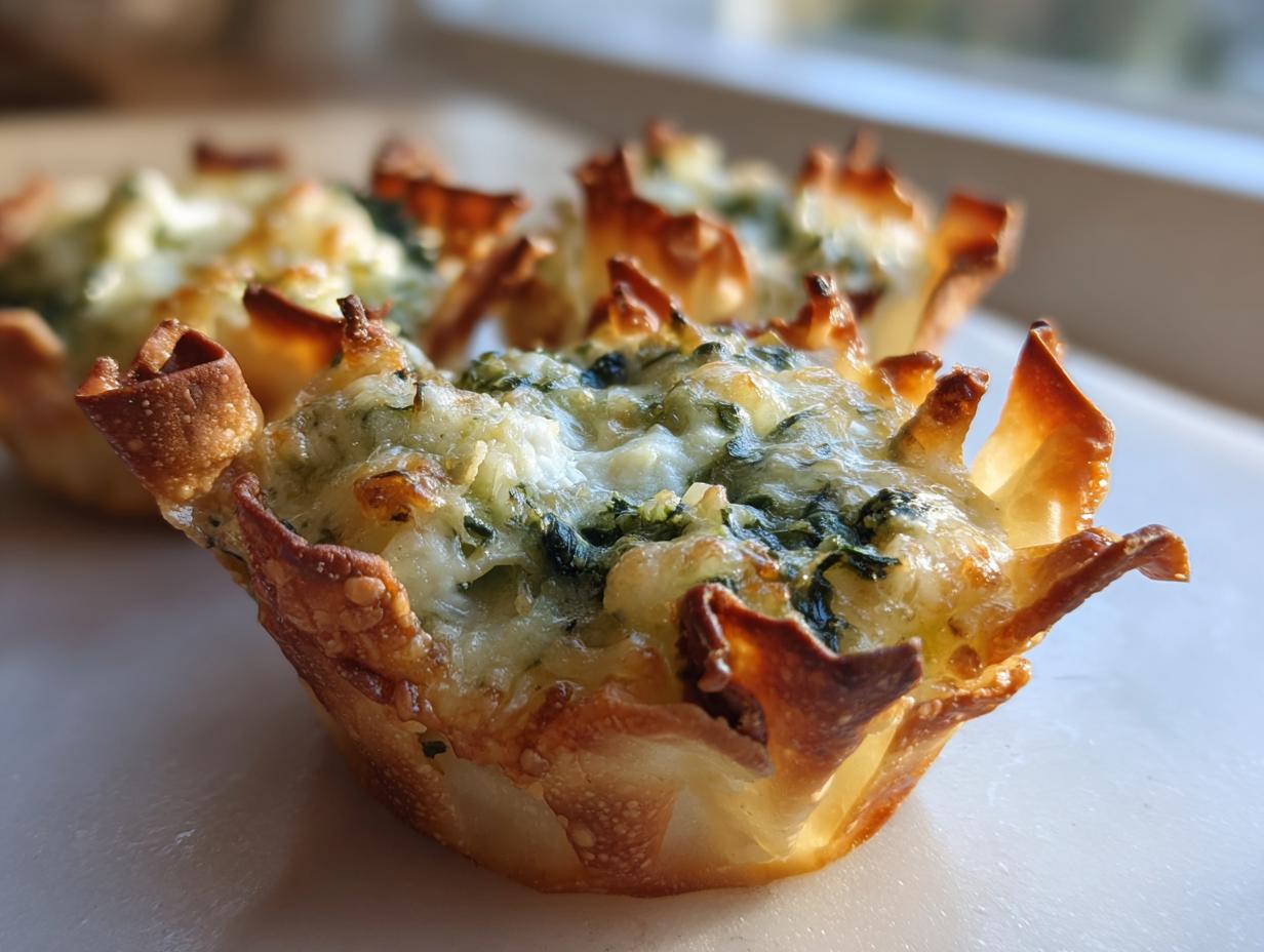 Close-up of a baked Classic Spinach Artichoke Wonton Cup with melted cheese topping.