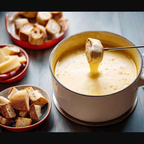 A piece of bread is dipped into a pot of bubbling Classic Swiss Cheese Fondue using a long fondue fork.