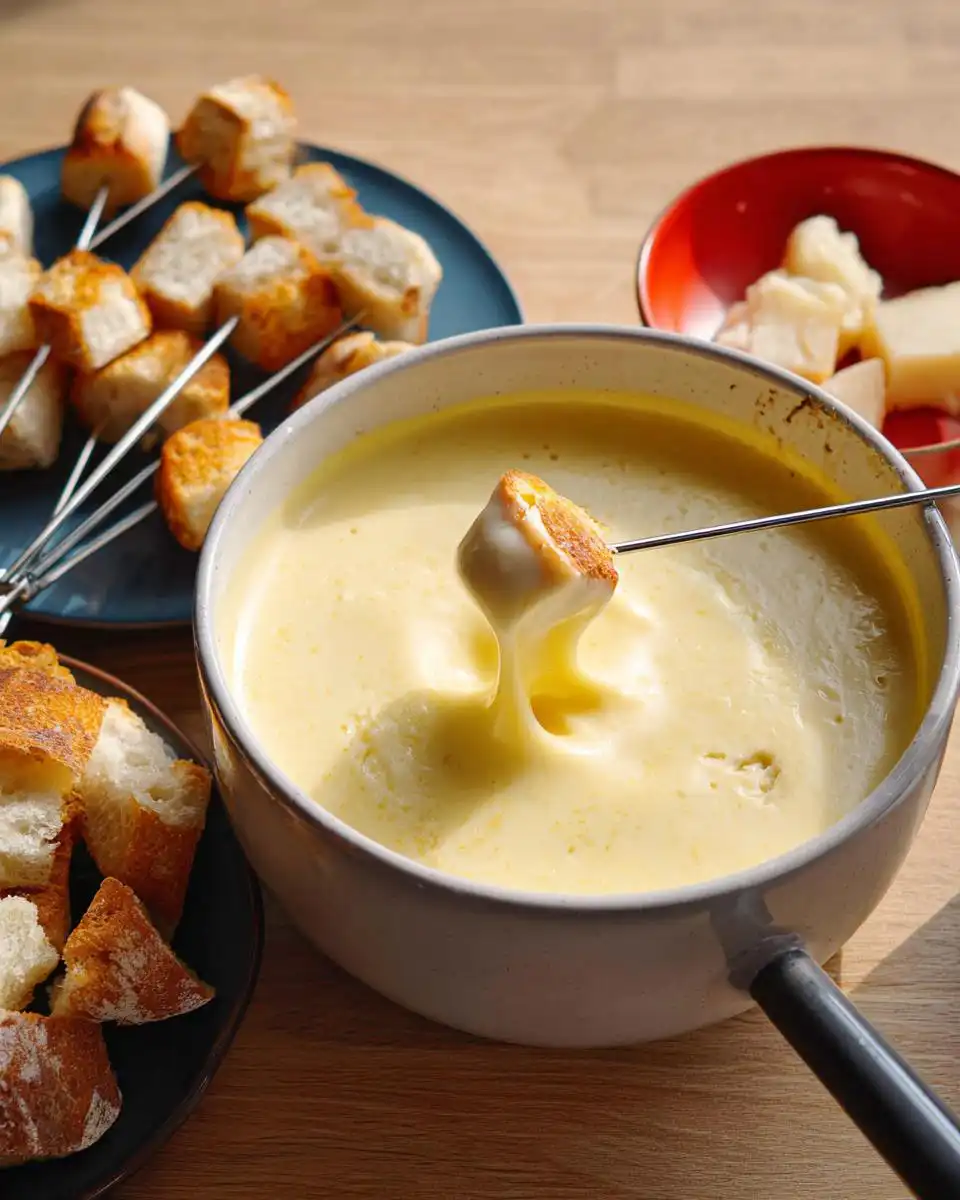 A piece of toasted bread is dipped into a pot of creamy Classic Swiss Cheese Fondue, with extra bread on the side.