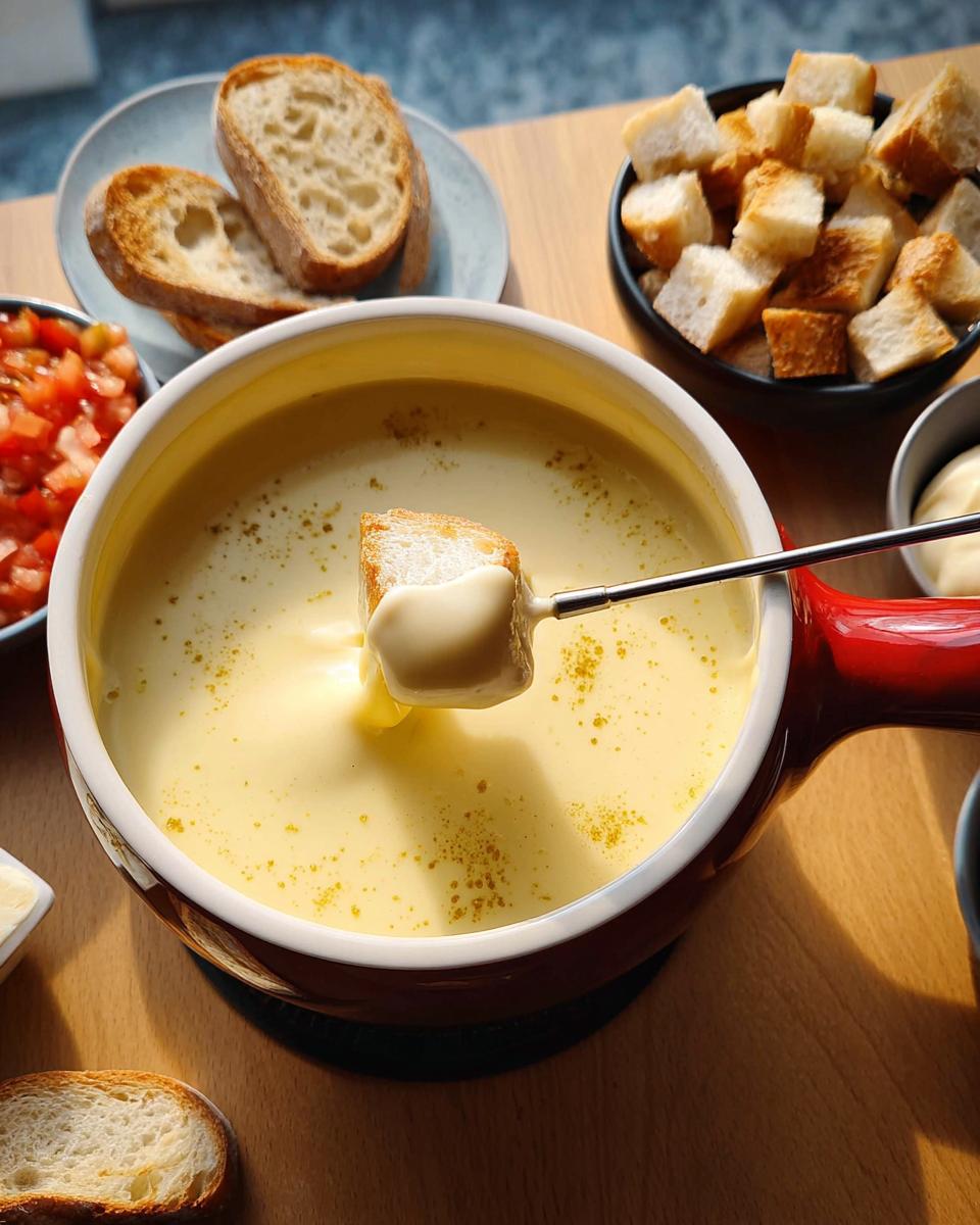 A piece of bread is dipped into a pot of creamy Classic Swiss Cheese Fondue using a long fork.