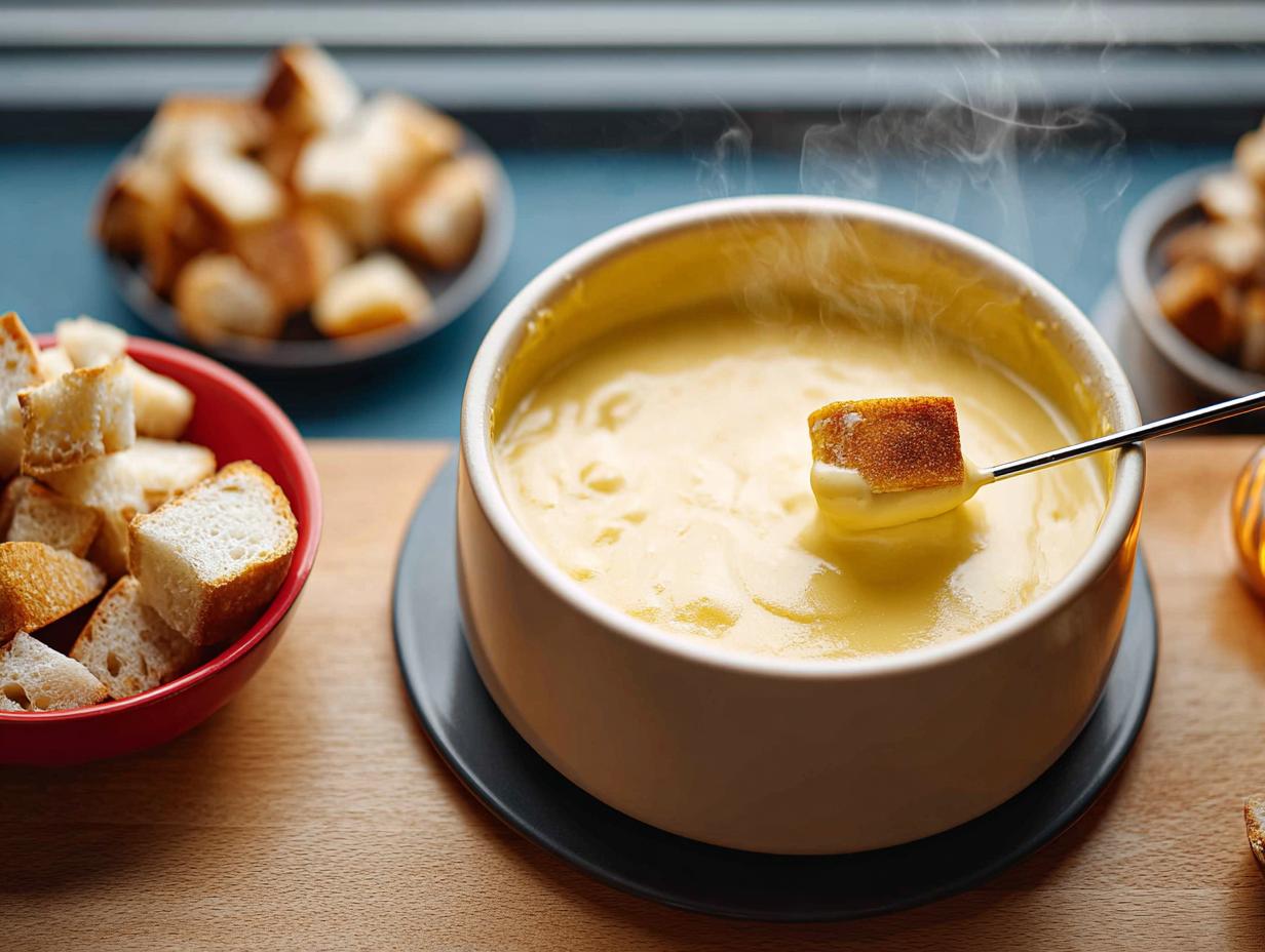 A piece of bread is dipped into a steaming pot of Classic Swiss Cheese Fondue using a long fork.