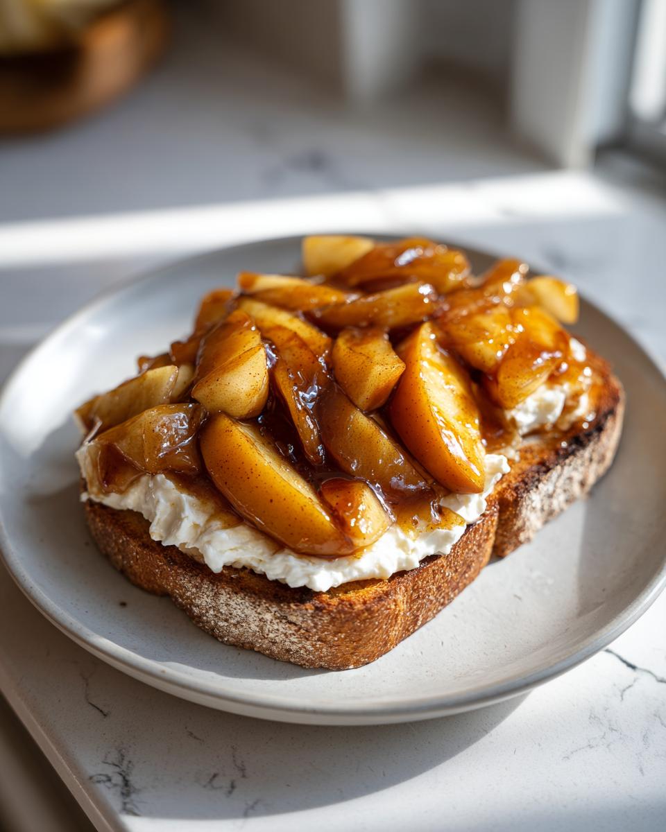A slice of toasted bread topped with cream cheese and caramelized apples, a perfect Comfort Breakfast Made with Apples.