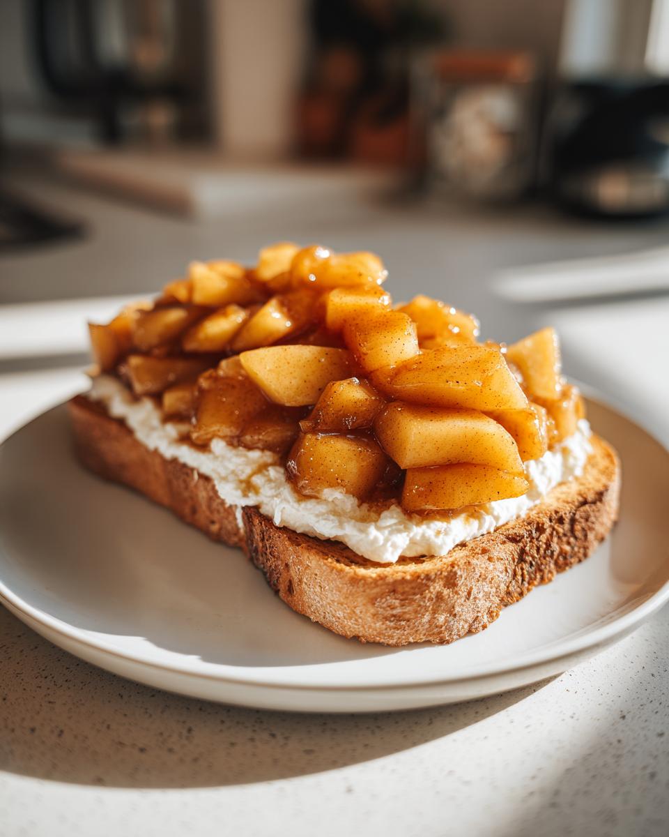 A slice of toast topped with creamy ricotta and warm cinnamon apples, perfect for a Comfort Breakfast Made with Apples.