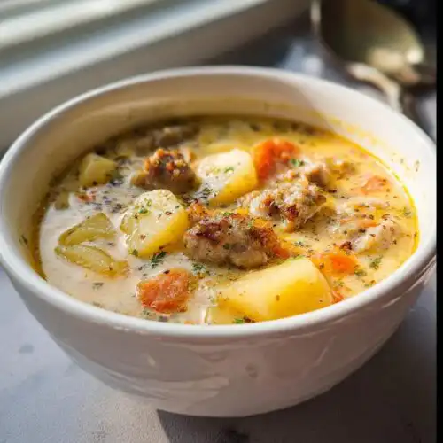 Close-up of a white bowl filled with creamy Comfort Sausage Potato Soup, featuring chunks of sausage, potatoes, and carrots.