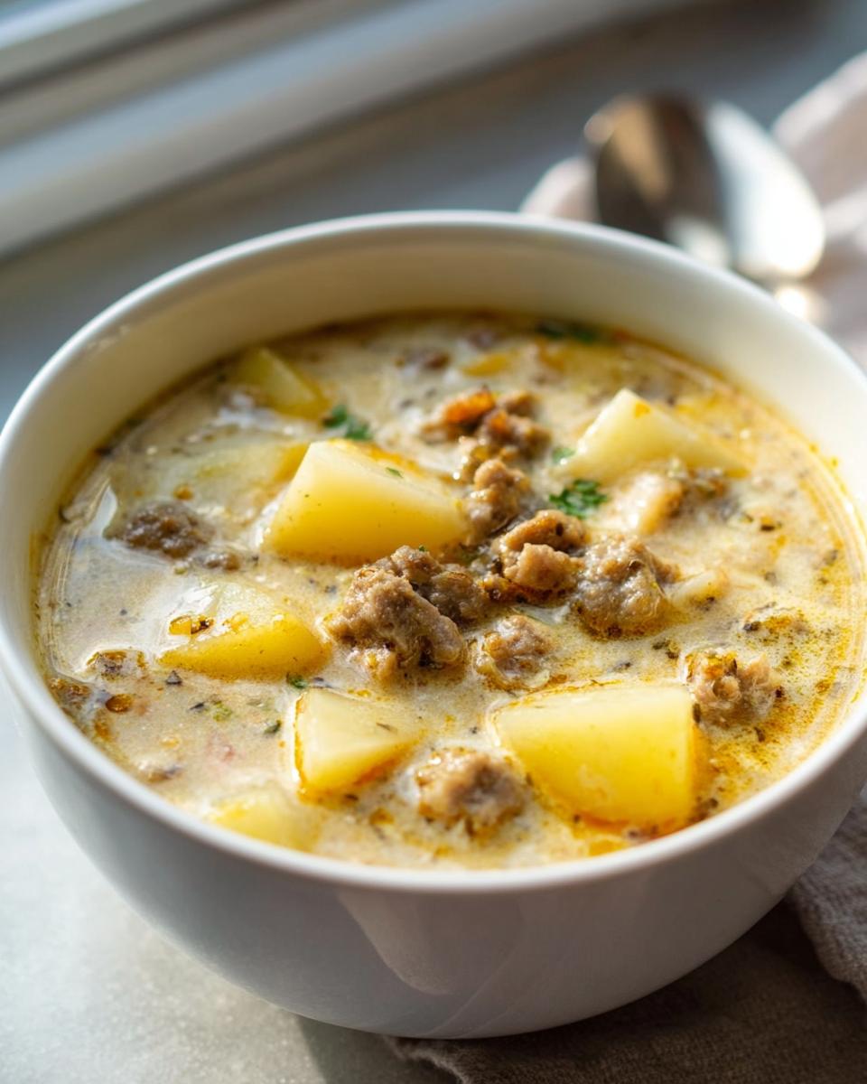 Close-up of a white bowl filled with creamy Comfort Sausage Potato Soup, featuring chunks of potato and browned sausage.