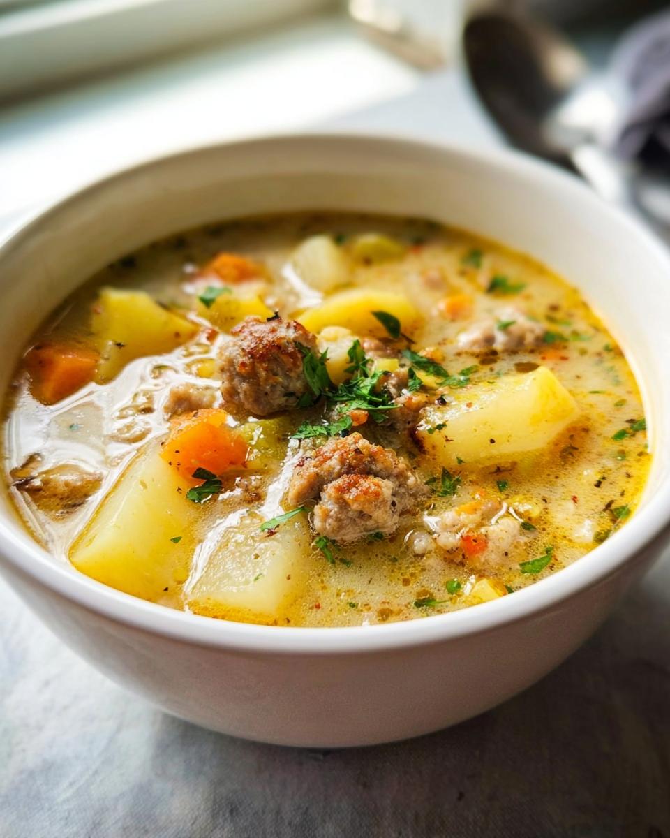 Close-up of a white bowl filled with creamy Comfort Sausage Potato Soup, featuring chunks of potato and sausage.