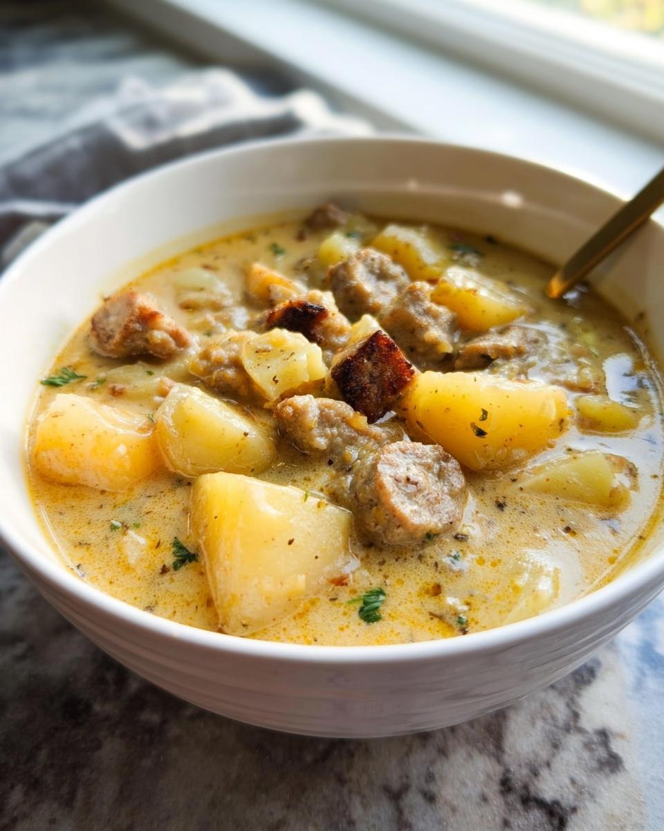 Close-up of a creamy bowl of Comfort Sausage Potato Soup featuring chunks of sausage and potatoes.