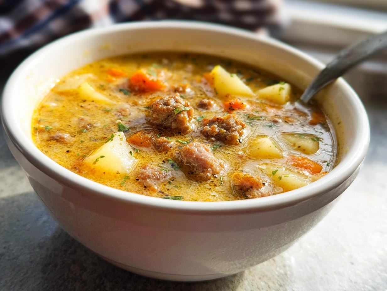Close-up of a creamy bowl of Comfort Sausage Potato Soup filled with chunks of sausage, potatoes, and carrots.