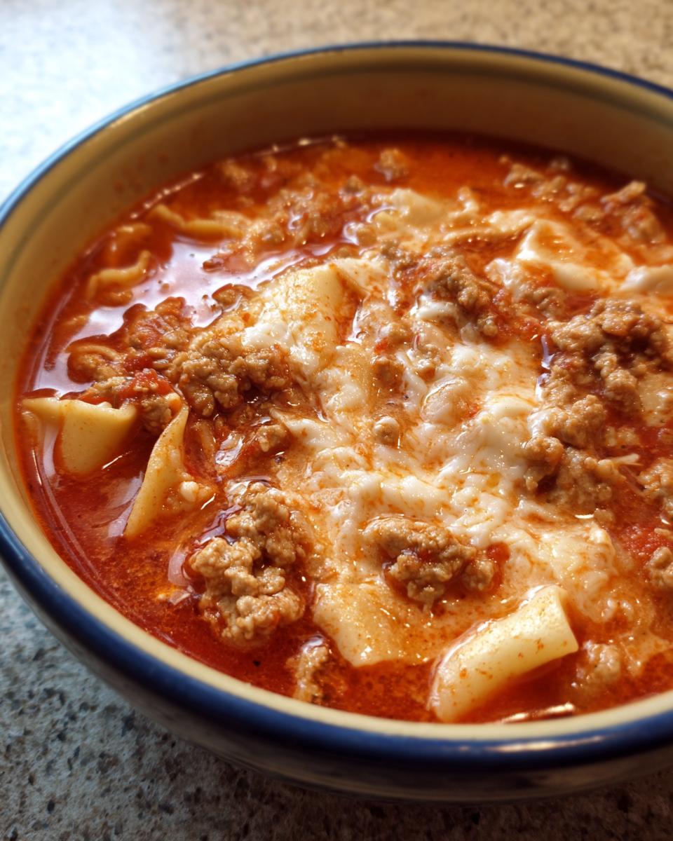Close-up of a rich, red broth soup featuring pasta pieces, ground meat, and melted white cottage cheese in Cottage Cheese Lasagna Soup.