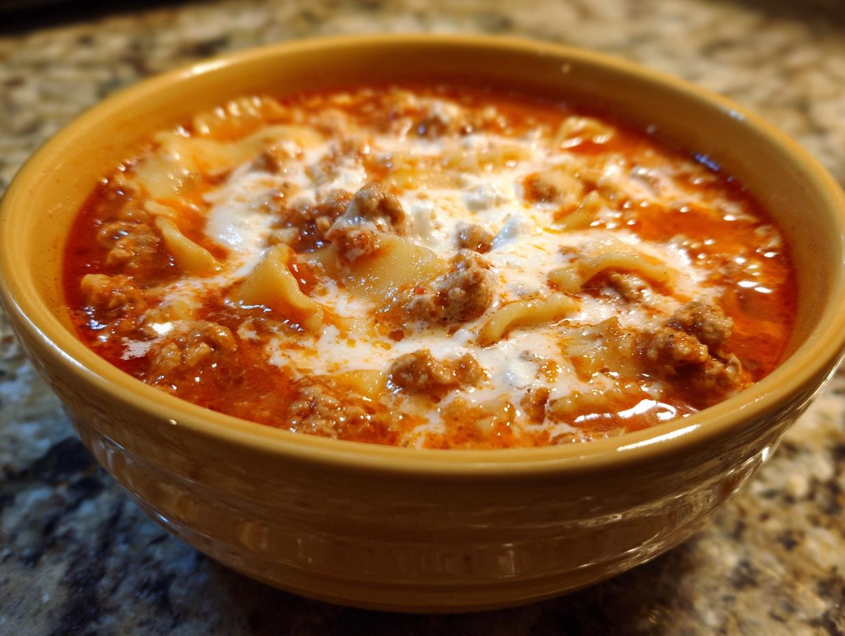 Close-up of a hearty bowl of Cottage Cheese Lasagna Soup with meat sauce and creamy white topping.
