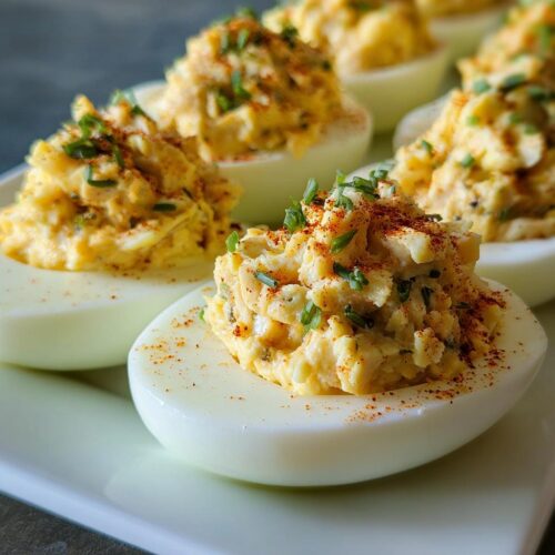 Close-up of perfectly prepared Crab Deviled Eggs, topped with paprika and chives.