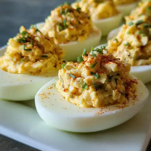 Close-up of perfectly prepared Crab Deviled Eggs, topped with paprika and chives.