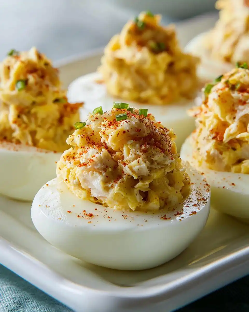 Close-up of several Crab Deviled Eggs filled with a creamy crab mixture and sprinkled with paprika and chives.