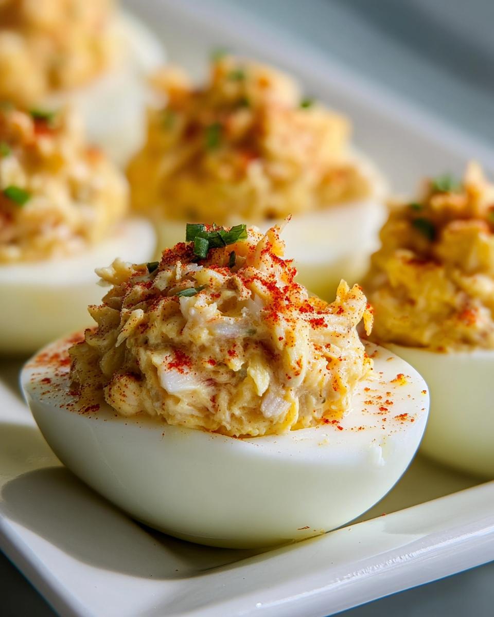 Close-up of a perfectly prepared Crab Deviled Egg, topped with paprika and chives.
