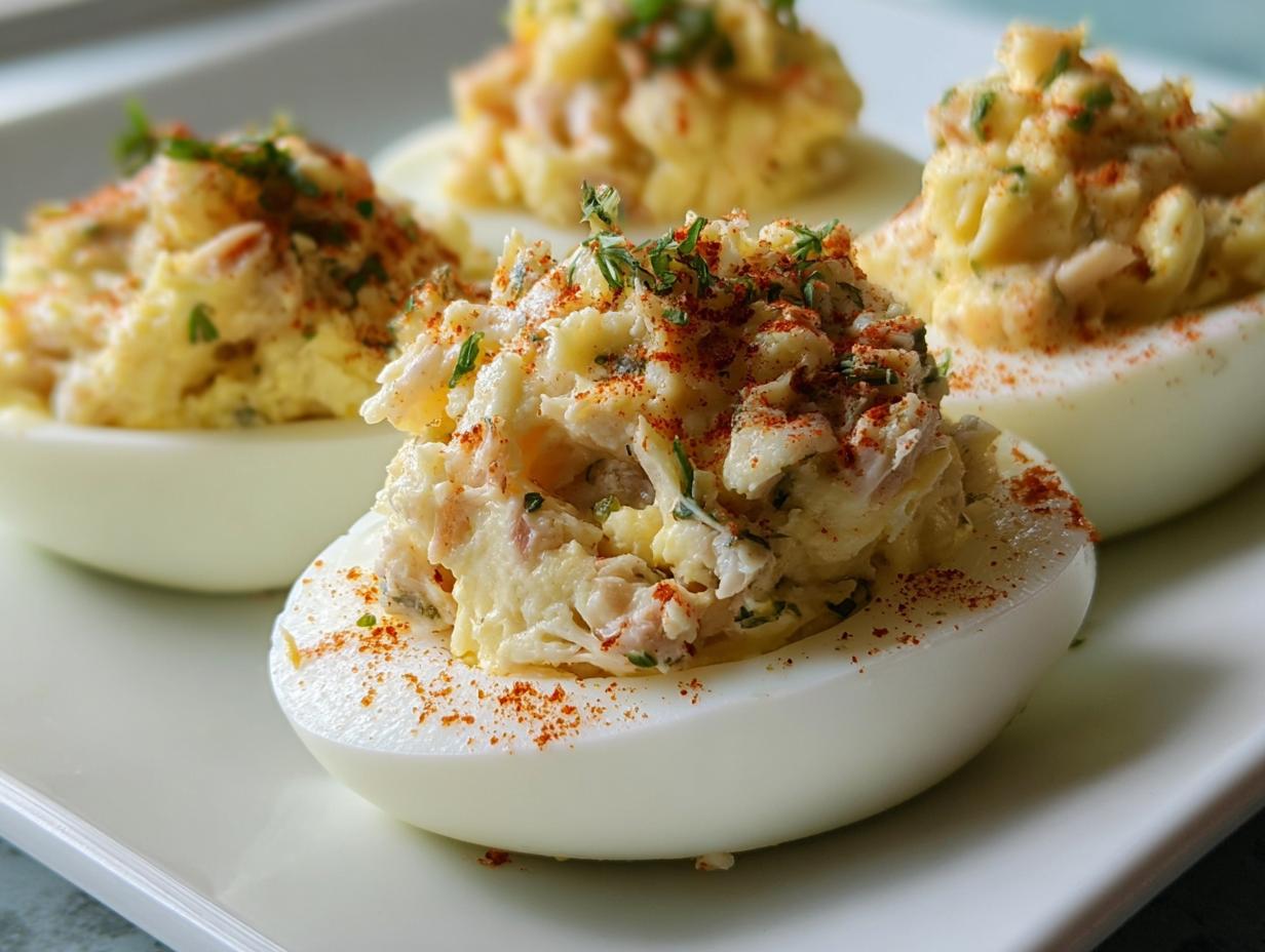 Close-up of fresh Crab Deviled Eggs garnished with paprika and herbs on a white plate.