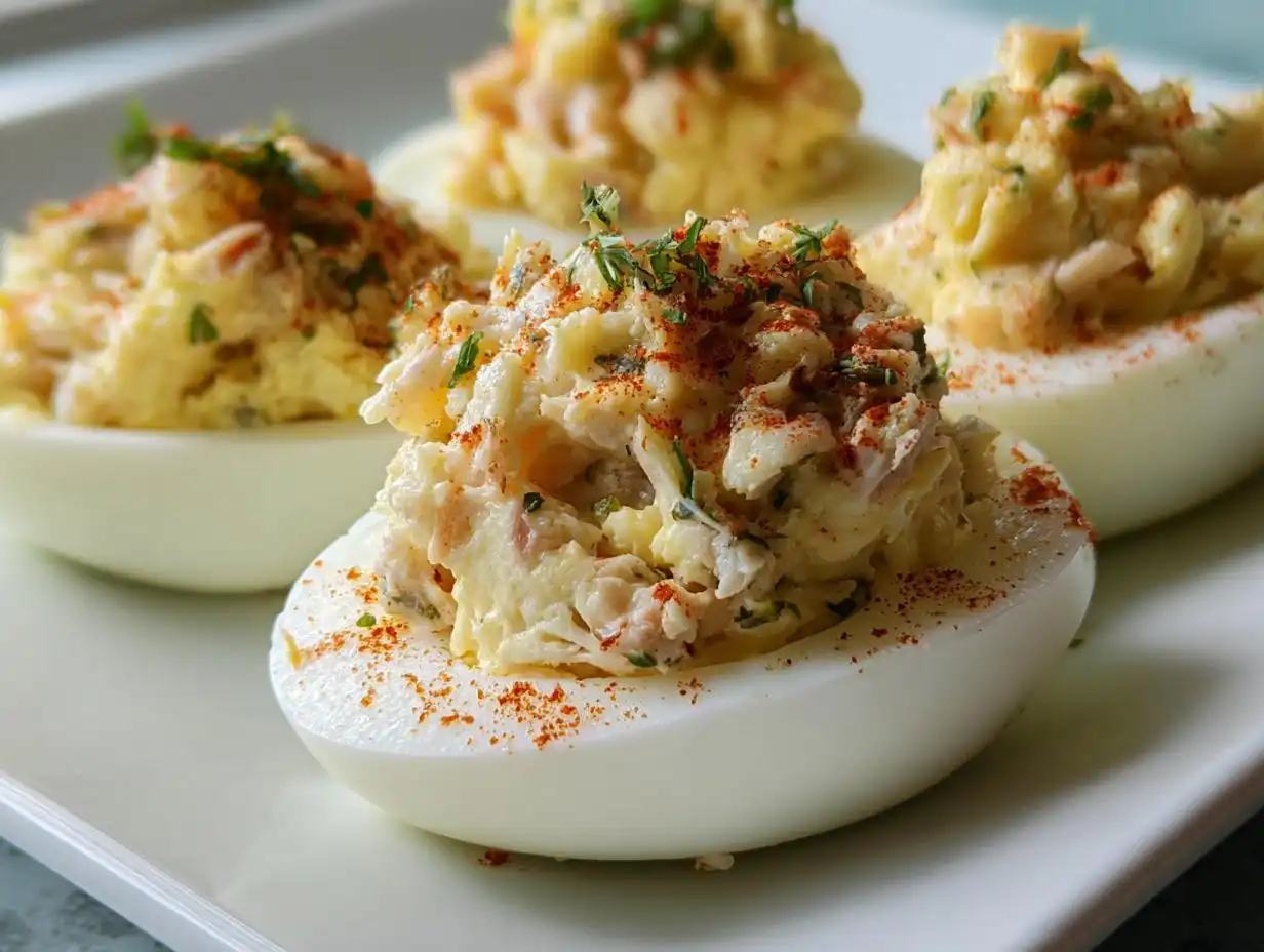 Close-up of fresh Crab Deviled Eggs garnished with paprika and herbs on a white plate.