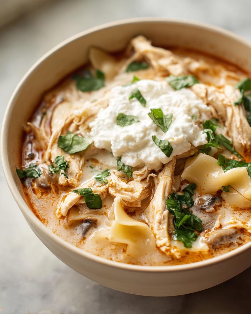 Close-up of a bowl of creamy Chicken Lasagna Soup topped with shredded chicken, ricotta, and fresh herbs.