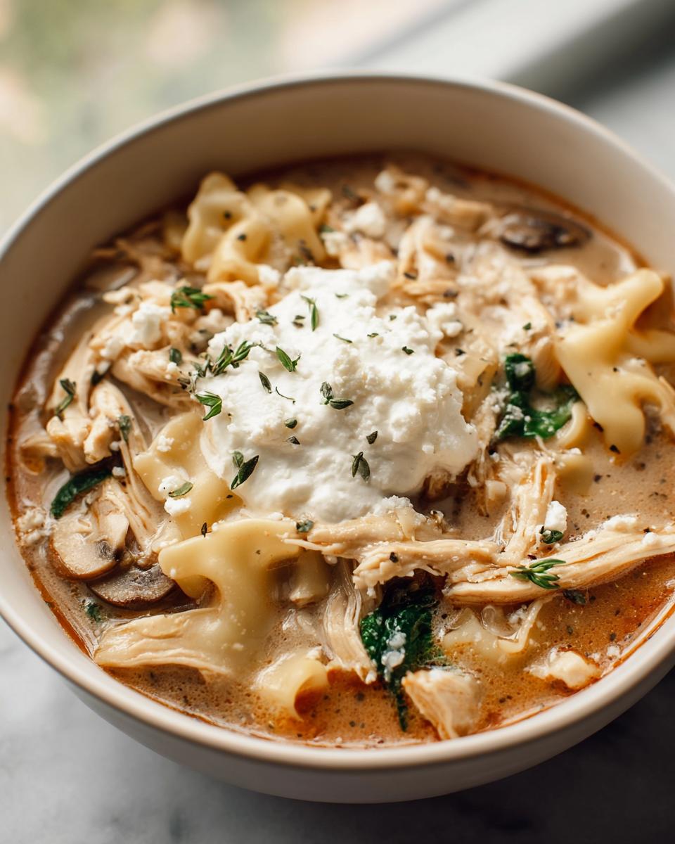 Close-up of a bowl of creamy Chicken Lasagna Soup topped with a dollop of ricotta cheese and herbs.