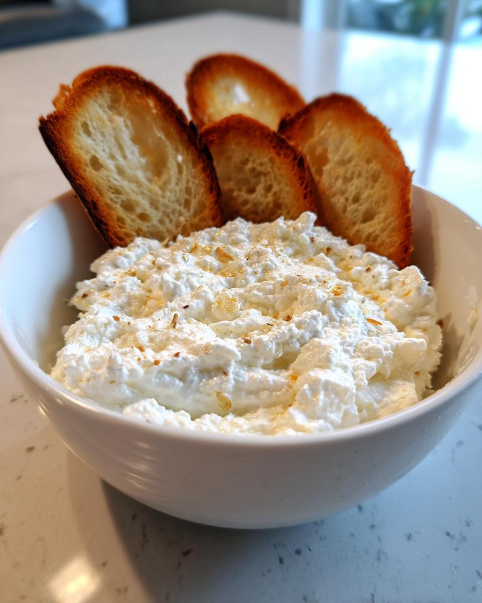 A white bowl filled with creamy dip, likely ricotta or goat cheese, topped with roasted garlic pieces, served with toasted baguette slices for Roasted Garlic Bruschetta Dip.