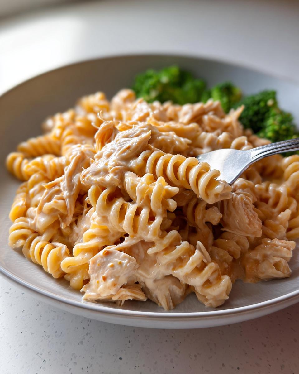 Close-up of creamy Protein-Packed Chicken Pasta made with rotini pasta and shredded chicken, served with steamed broccoli.