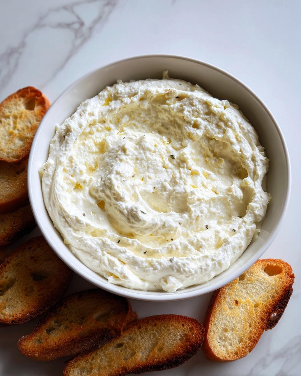 A white bowl filled with creamy Roasted Garlic Bruschetta Dip, drizzled with olive oil and herbs, surrounded by toasted crostini slices.