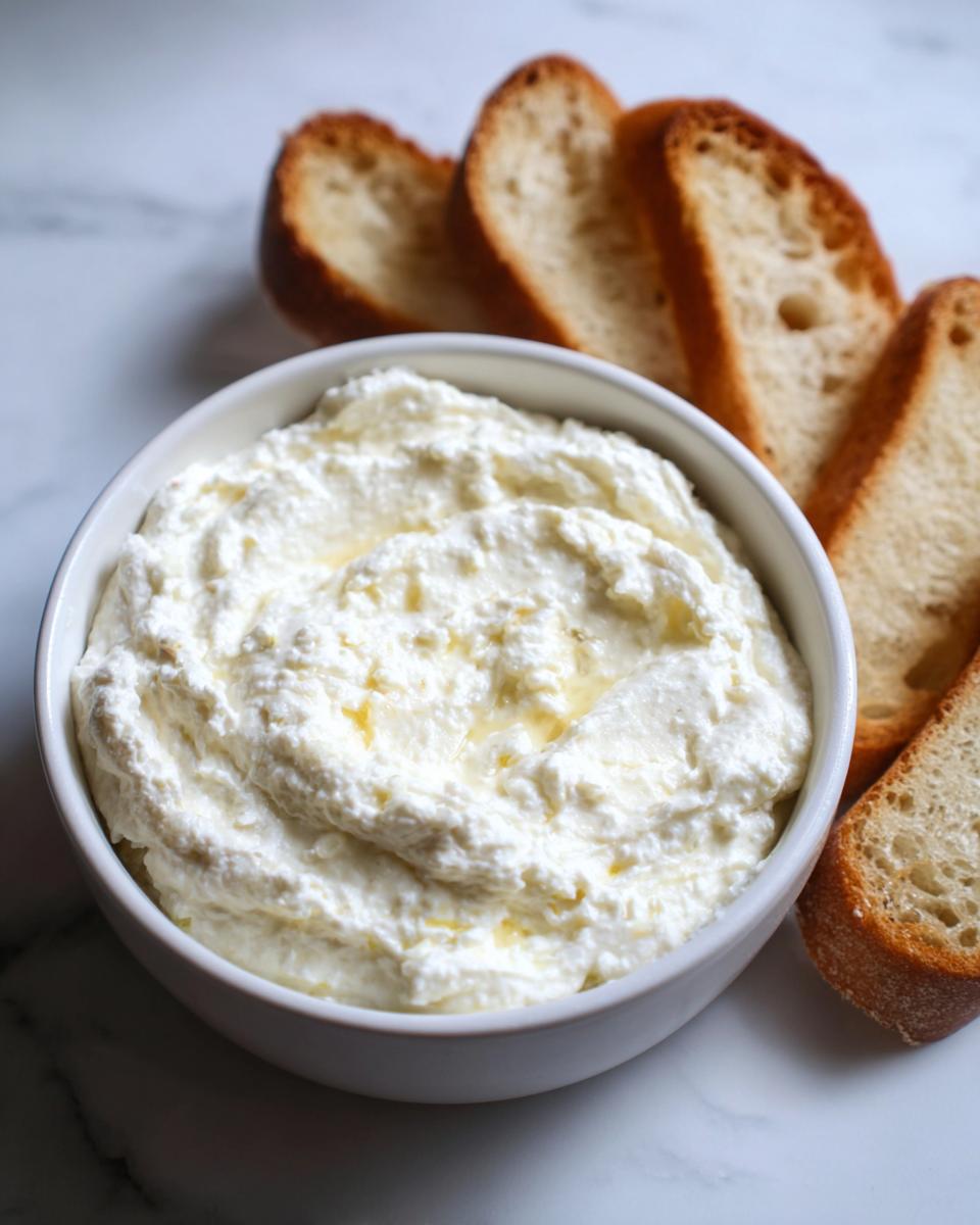A white bowl filled with creamy Roasted Garlic Bruschetta Dip, drizzled with oil, next to slices of toasted baguette.