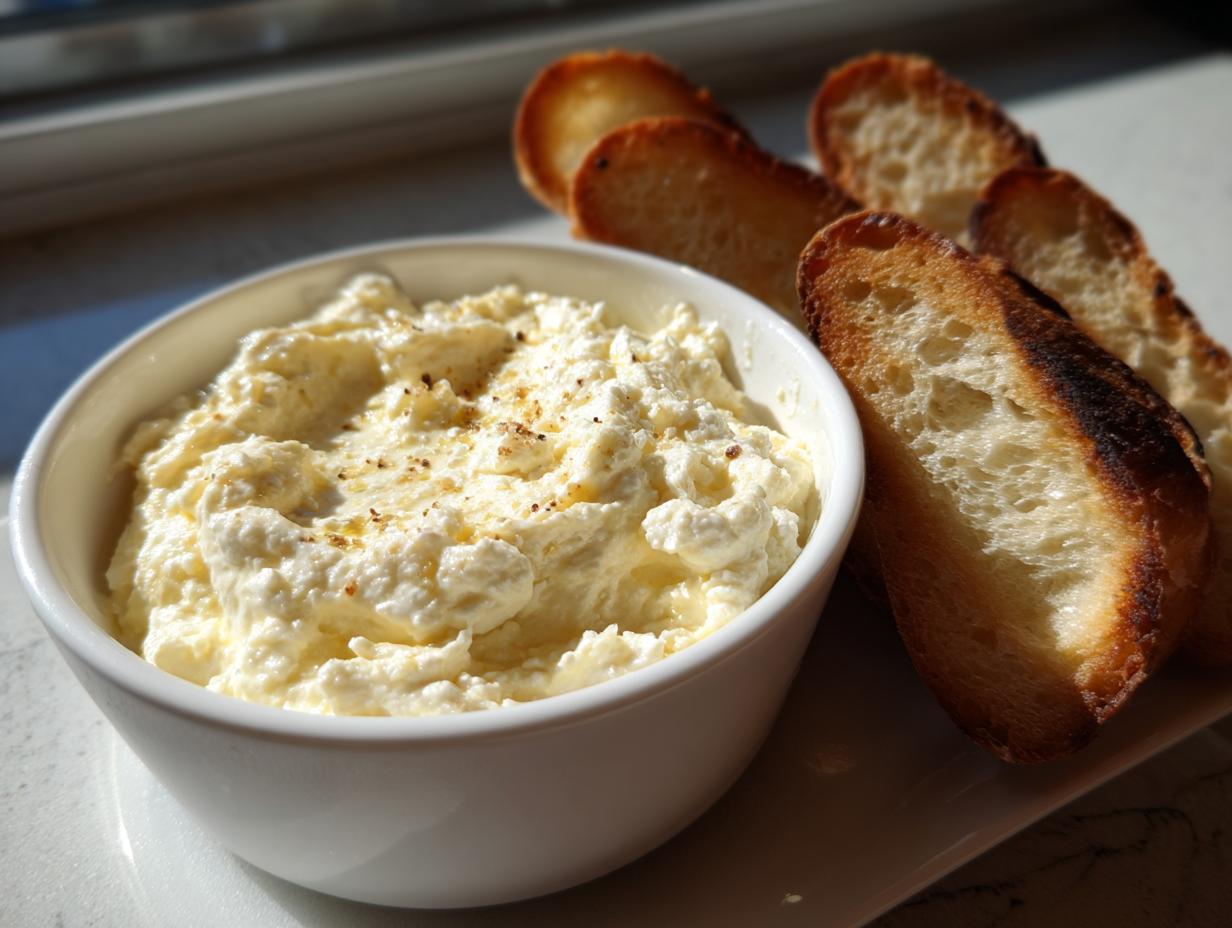 A white bowl filled with creamy Roasted Garlic Bruschetta Dip next to slices of toasted baguette bread.