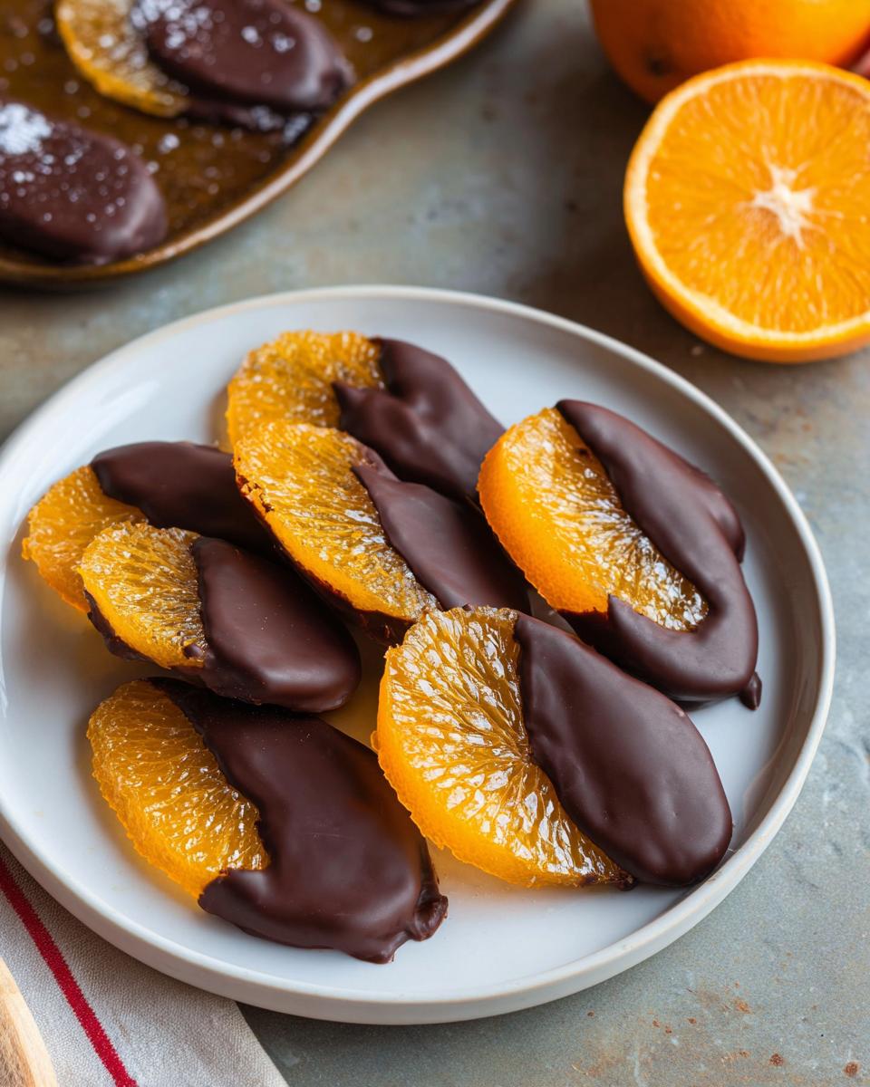 Close-up of Dark Chocolate Covered Candied Orange Slices arranged on a white plate.