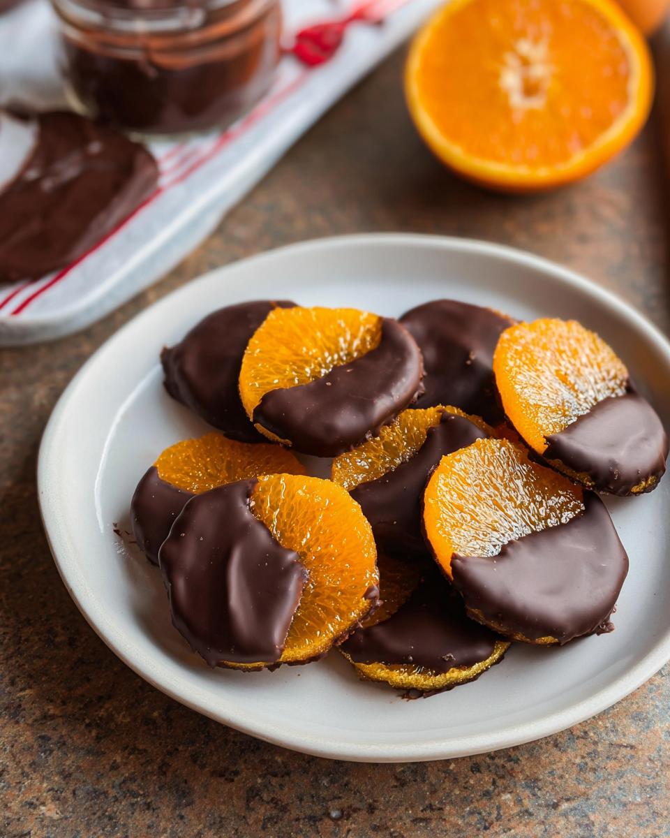 A plate filled with candied orange slices partially dipped in rich dark chocolate, showcasing Dark Chocolate Covered Candied Orange Slices.