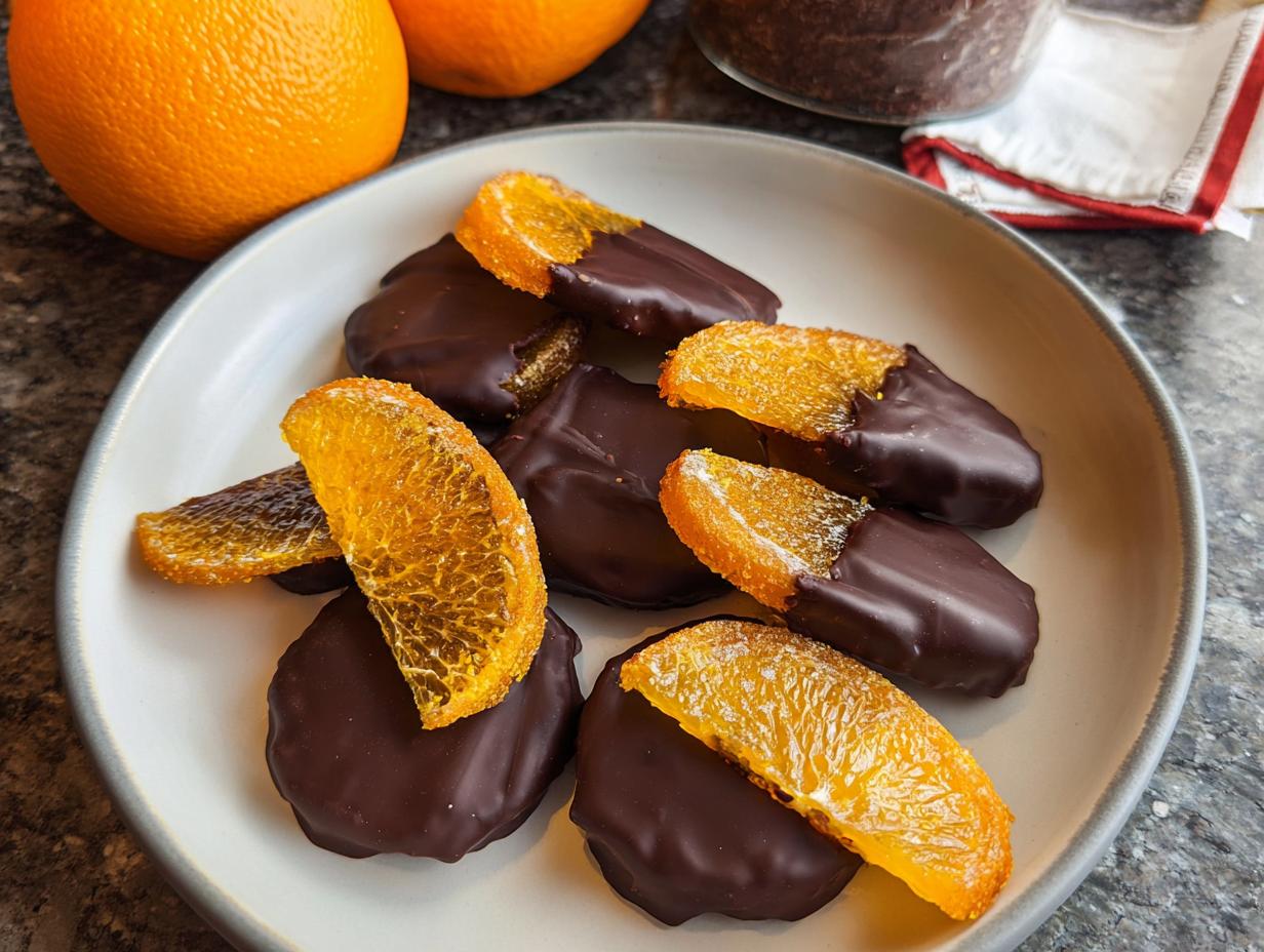 A plate of homemade Dark Chocolate Covered Candied Orange Slices, showing candied orange segments partially dipped in rich dark chocolate.